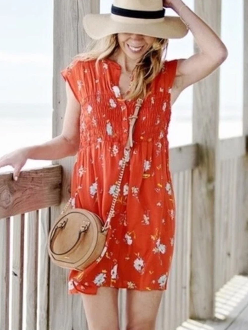 Free People Red Floral Greatest Day Smocked Mini Dress Size Medium